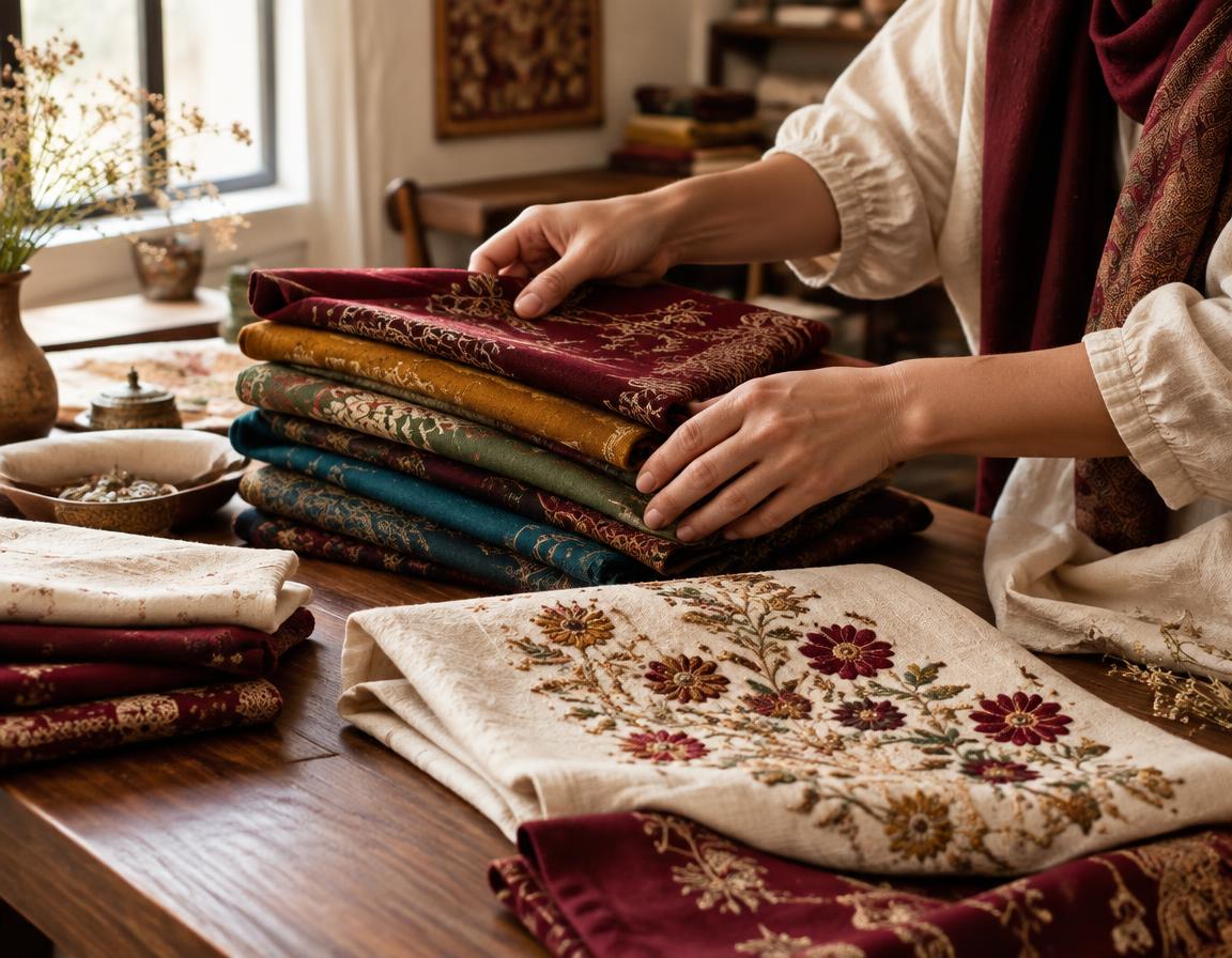 Selecting fabrics in the Iqra Style's studio